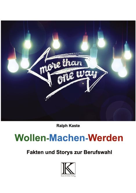 Text: "more than one way", Ralph Kaste, "Wollen-Machen-Werden", "Fakten und Storys zur Berufswahl", unten farbige Glühbirnen.