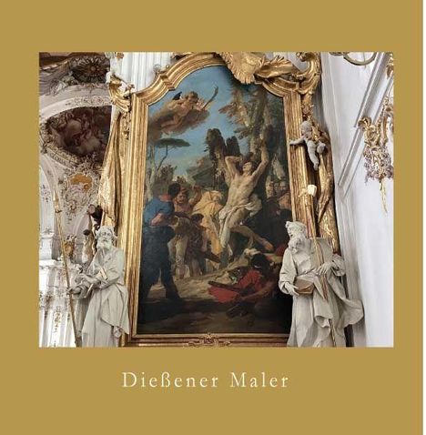 Text: "Dießener Maler". Ein Gemälde umrahmt von reich verzierten, goldenen Statuen und Rahmen.