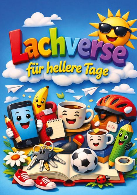 "Lachverse für hellere Tage" in bunten Buchstaben. Illustration: Sonne mit Sonnenbrille, lächelnde Gegenstände wie Tassen, Handy.