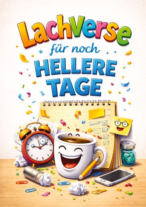 "Lachverse für noch hellere Tage." Bunte Illustration mit lächelnden Gegenständen: Tasse, Wecker, Notizbuch, Stifte und Handy.