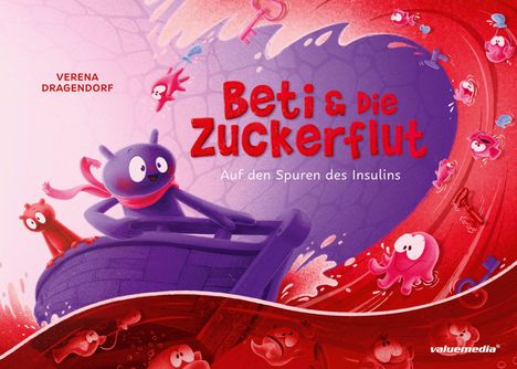 "Beti & die Zuckerflut - Auf den Spuren des Insulins". Bunte Illustration mit einem lila Charakter in einem Boot.