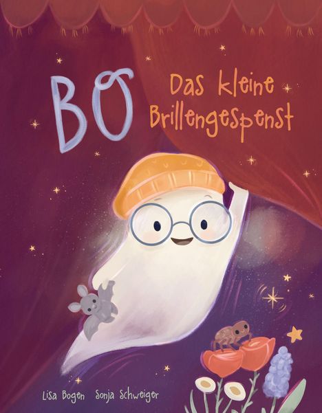 „BO, das kleine Brillengespenst“ steht in verspielten Buchstaben. Ein Geist mit Brille und Mütze lächelt freundlich.
