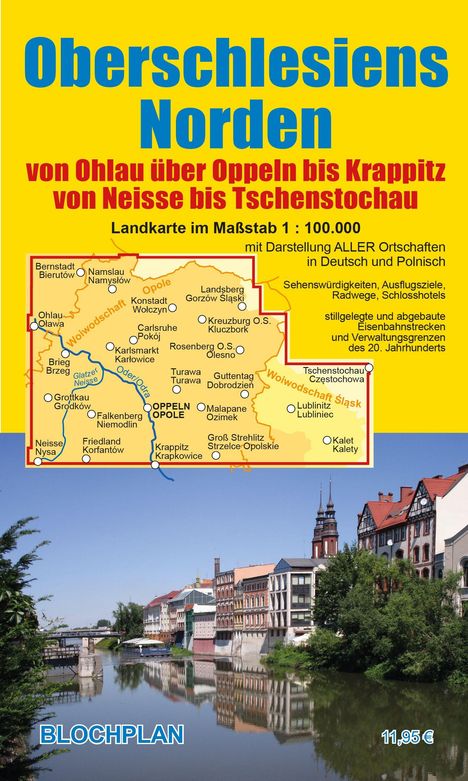 Text oben: "Oberschlesiens Norden". Darunter eine bunte Landkarte und ein Fluss mit bunter Architektur.