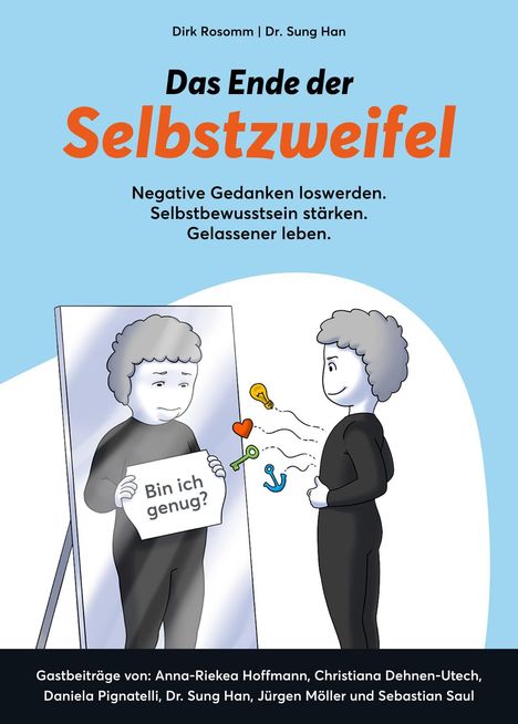"Bin ich genug?" Illustration: Eine Person sieht in den Spiegel, daneben Symbole wie ein Herz und Anker in der Luft.