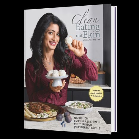 „Clean Eating mit Ekin“ steht oben. Eine Frau hält ein weißes Dessert. Ein Kreis beschriftet mit „zuckerfrei“ ist sichtbar.