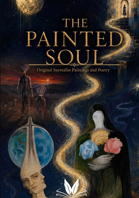 „The Painted Soul“ und „Original Surrealist Paintings and Poetry“. Surrealistische Szene mit Figuren und einem leuchtenden Pfad.