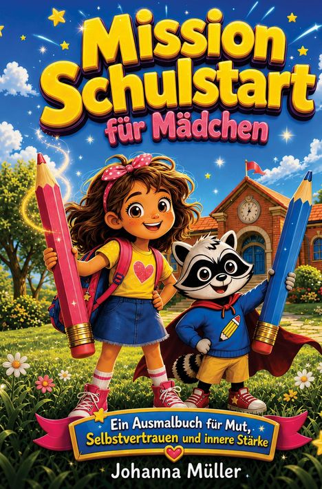 „Mission Schulstart für Mädchen“; Ein Ausmalbuch für Mut, Selbstvertrauen und innere Stärke; Johanna Müller. Ein Mädchen und ein Waschbär mit Riesenstiften vor einer Schule.