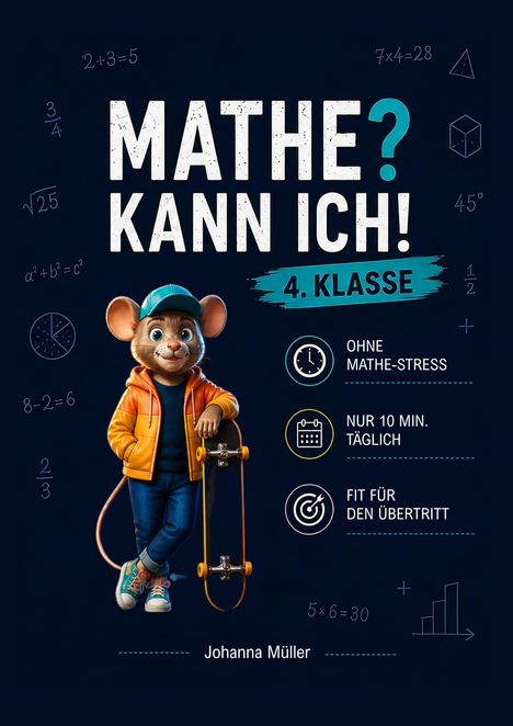 „MATHE? KANN ICH!“ 4. Klasse, ohne Mathe-Stress, nur 10 Min. täglich, fit für den Übertritt. Illustrierte Maus mit Skateboard.