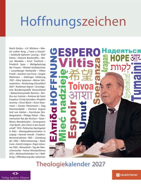 „Hoffnungszeichen“, „Theologiekalender 2027“. Begriffe und Namen wie „Hoffnung“, „King“, „Gandhi“, „Mandela“. Logo von neukirchener.