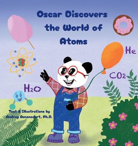 „Oscar Discovers the World of Atoms“ steht oben. Illustration: Ein Panda mit Brille hält einen Ballon, umgeben von Atomsymbolen.