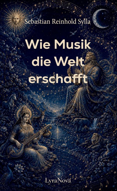 "Wie Musik die Welt erschafft" zeigt Göttinnen im Wald, Musiksymbole im Himmel, Tiere. Magische, blaue Illustration.