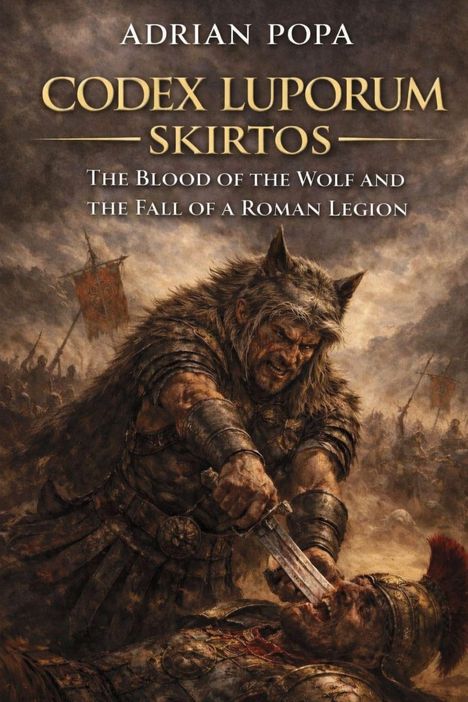 Zu lesen: "Adrian Popa", "Codex Luporum Skirtos", "The Blood of the Wolf and the Fall of a Roman Legion". Illustration einer Schlacht mit einem Krieger und besiegtem Soldaten.