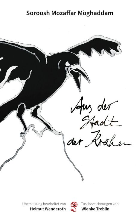 Text: Soroosh Mozaffar Moghaddam, Aus der Stadt der Krähen. Illustration: Schwarze Krähe sitzt auf Felsen.
