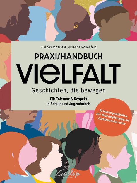 "Praxishandbuch Vielfalt" steht in großen Buchstaben. Darunter "Geschichten, die bewegen". Illustrationen von Personen in Profilansicht.