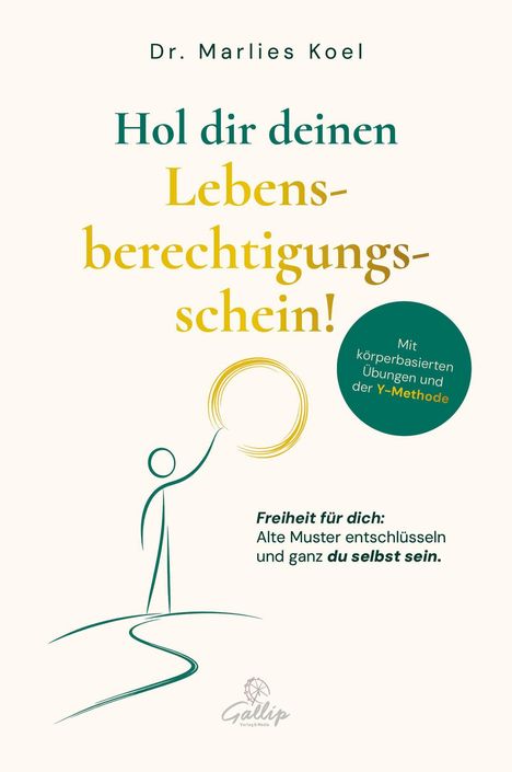 "Hol dir deinen Lebensberechtigungsschein!" Illustration mit stilisierter Figur, die einen Kreis aus gelben Linien hält.
