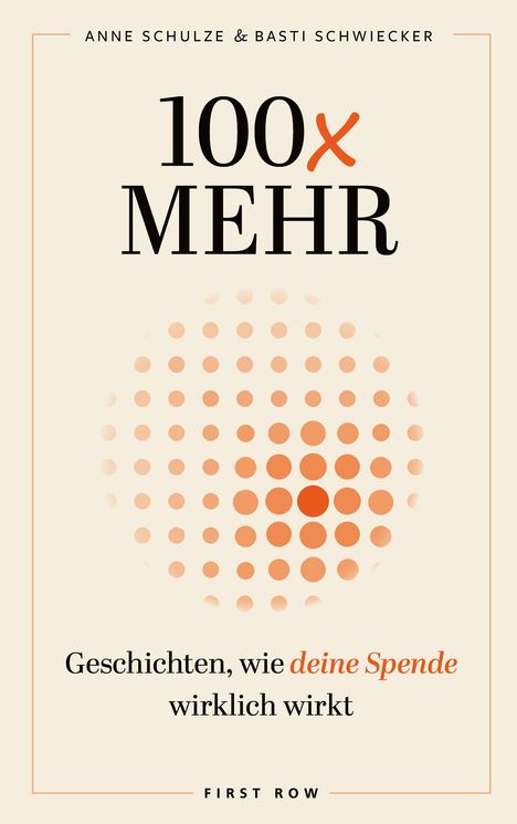 "100x MEHR. Geschichten, wie deine Spende wirklich wirkt." Oben Autorenname. Punktmuster in Orange.