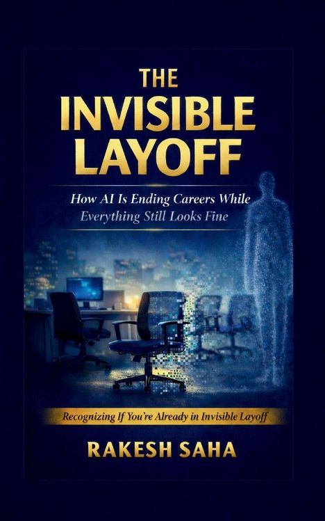 "The Invisible Layoff" von Rakesh Saha; Büroszene mit leerem Stuhl und digitaler Silhouette im Hintergrund.