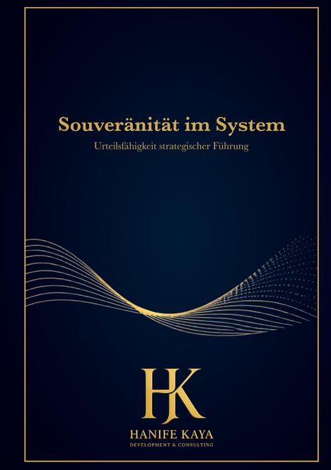 Souveränität im System: Urteilsfähigkeit strategischer Führung. Elegantes HK-Logo, wellenförmige Linien, dunkelblauer Hintergrund.