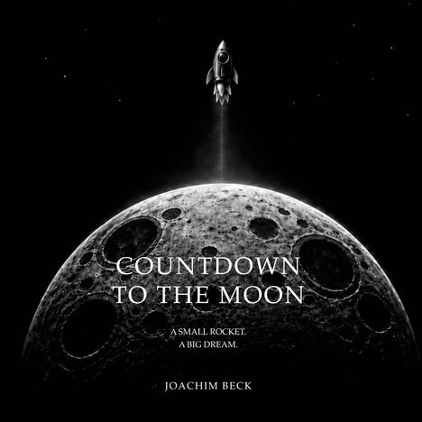 "COUNTDOWN TO THE MOON. A SMALL ROCKET. A BIG DREAM." Joachim Beck. Eine Rakete fliegt über einen detailreichen Mond.