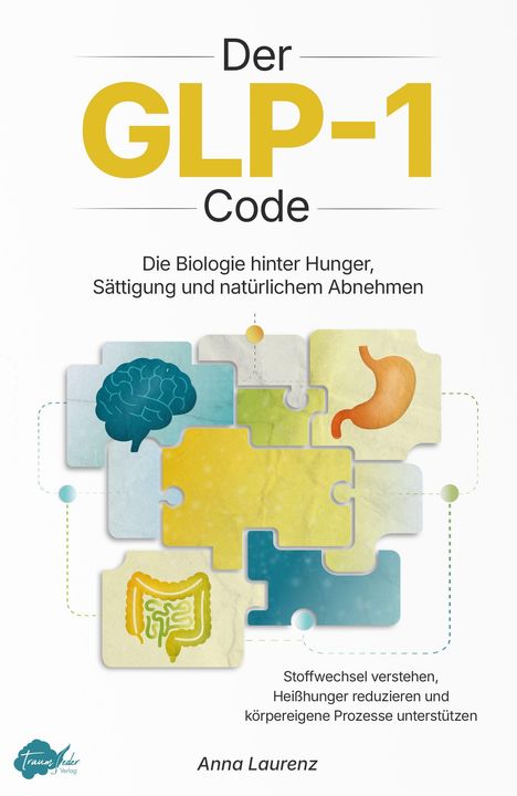 "Der GLP-1 Code: Die Biologie hinter Hunger." Puzzle mit Gehirn, Magen und Darm. Autor: Anna Laurenz.