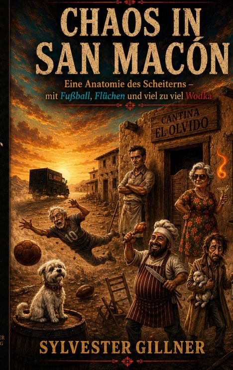 "CHAOS IN SAN MACÓN" oben. "CANTINA EL OLVIDO" auf einem Gebäude. Unten "SYLVESTER GILLNER". Menschen und Tiere auf einer staubigen Straße.