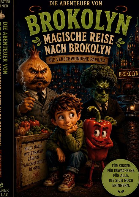 "Die Abenteuer von Brokolyn: Magische Reise nach Brokolyn. Nicht nach Mitternacht zählen. Für Kinder und Erwachsene." Junge sitzt mit lebendigem Gemüse.