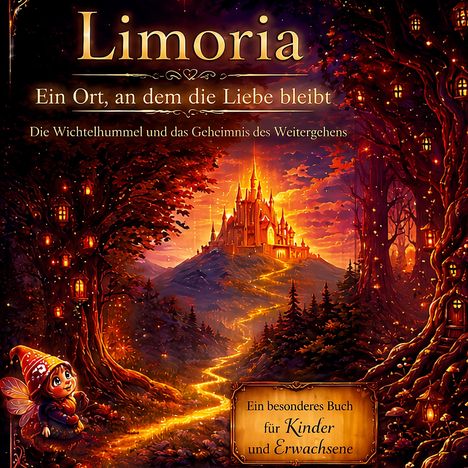 "Limoria. Ein Ort, an dem die Liebe bleibt. Ein Buch für Kinder und Erwachsene." Illustration eines Waldes mit Schloss.