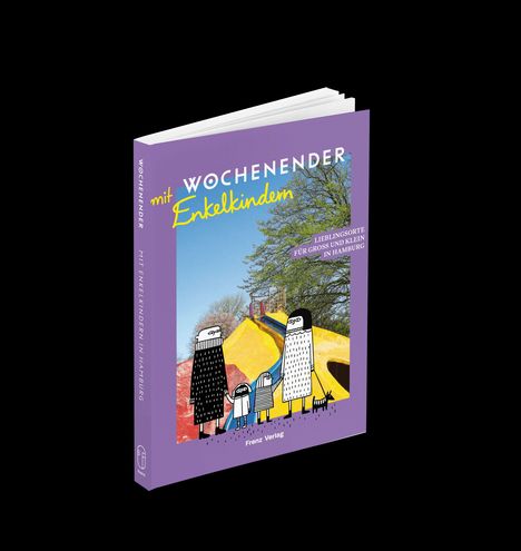 Buchcover: "Wochenender mit Enkelkindern". Bunte Illustration: Familie schaut auf gelben Spielplatz. Bäume im Hintergrund.