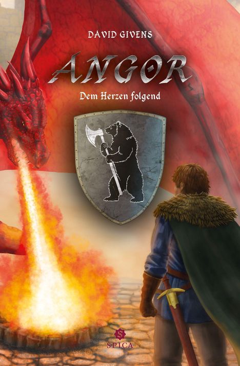 "David Givens, Angor, Dem Herzen folgend." Ein roter Drache speit Feuer auf einen Ritter mit Umhang, Schild mit Bär.