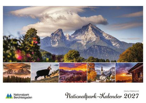 Nationalpark-Kalender 2027. Bergpanorama mit Wolken, Bäumen, einer Gämse, Sonnenuntergang, Kirche und Landschaft. Nationalparklogo.