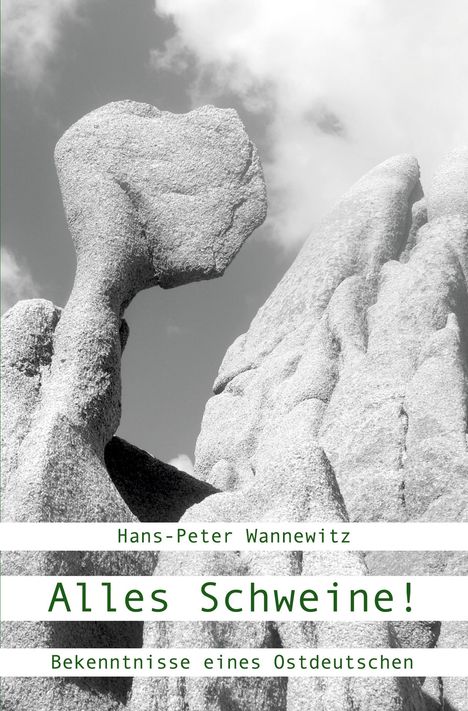 "Alles Schweine! Bekenntnisse eines Ostdeutschen." Graue Felsformationen vor bewölktem Himmel.