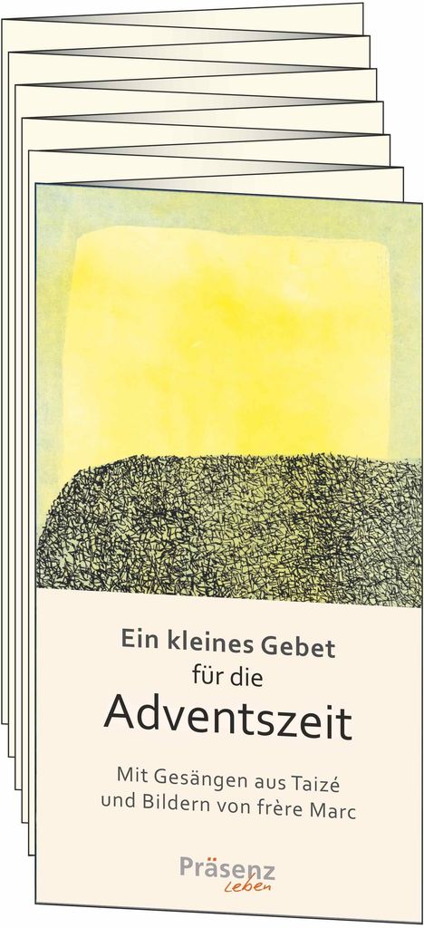 „Ein kleines Gebet für die Adventszeit. Mit Gesängen aus Taizé und Bildern von frère Marc.“ Illustration mit gelbem Himmel.