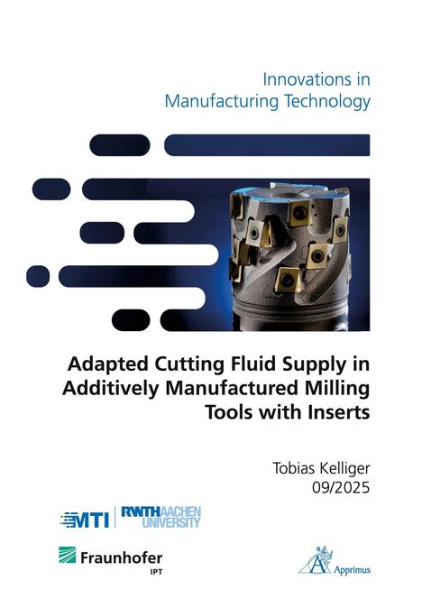 Text: "Adapted Cutting Fluid Supply in Additively Manufactured Milling Tools with Inserts." Oben rechts "Innovations in Manufacturing Technology." Unten Logos von MTI, RWTH Aachen, Fraunhofer IPT, Apprimus. Darunter ein Bild eines Fräswerkzeugs mit Einsätzen und gelber Beschriftung auf dunklem Hintergrund.