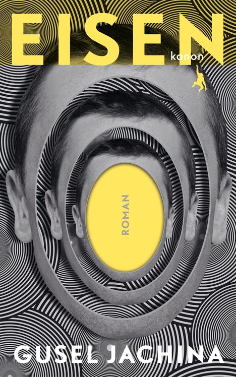 "EISEN kanon ROMAN GUSEL JACHINA" in Gelb und Weiß auf einem hypnotischen schwarz-weißen Muster mit Gesichtsausschnitt.
