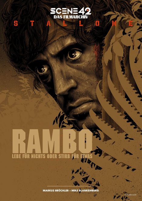 „Scene 42, das Filmarchiv, Stallone, Rambo: Lebe für nichts oder stirb für etwas.“ Dramatisches Porträt eines Mannes.