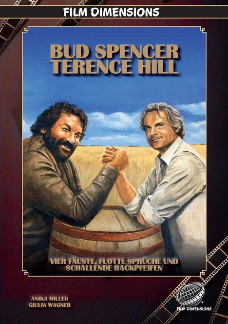 "Bud Spencer, Terence Hill: Vier Fäuste, flotte Sprüche und schallende Backpfeifen." Zwei Männer stemmen die Arme.