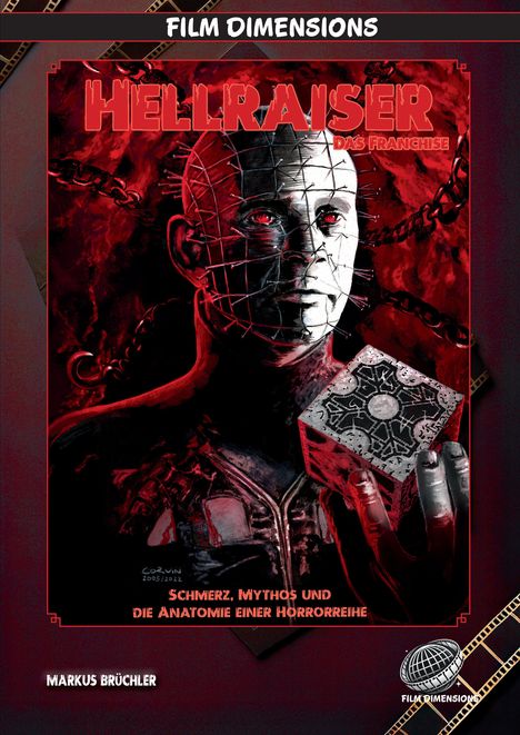 "Hellraiser: Das Franchise" oben, darunter "Schmerz, Mythos und die Anatomie einer Horrorreihe". Grausame Kreatur mit Würfel.