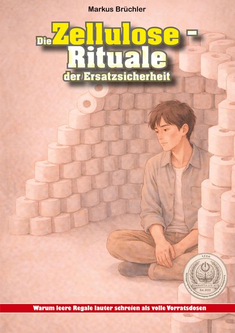 "Die Zellulose-Rituale der Ersatzsicherheit. Warum leere Regale lauter schreien als volle Vorratsdosen." Illustration: Ein nachdenklicher Junge sitzt in einem Raum aus gestapelten Toilettenpapierrollen.