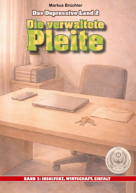 Ein Schreibtisch mit Laptop, Handy, Schlüsselbund und Briefumschlag. Links Dokumentenordner, Pflanze.