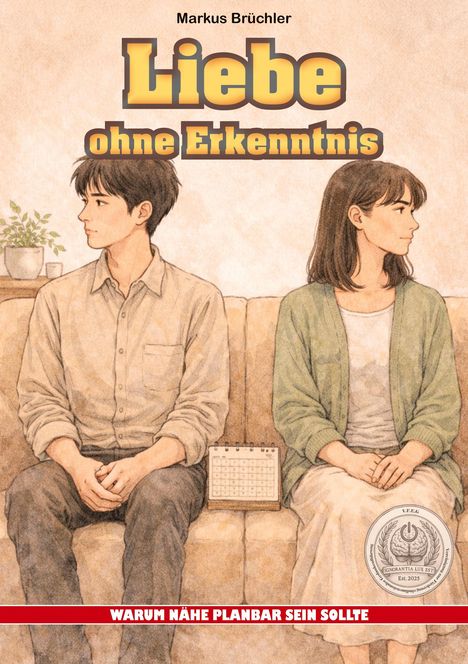 Text: "Liebe ohne Erkenntnis", "Warum Nähe planbar sein sollte". Illustration: Ein Mann und eine Frau sitzen nebeneinander.