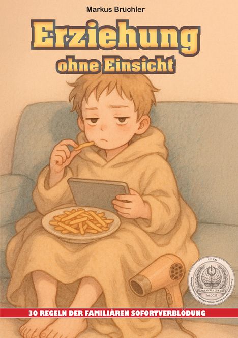 "Markus Brüchler: Erziehung ohne Einsicht. 30 Regeln der familiären Sofortverblödung." Illustration: Kind mit Pommes, Tablet.