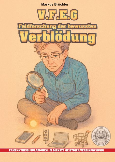 "V.F.E.G Feldforschung der bewussten Verblödung". Illustration: Mann mit Lupe, umgeben von Technik und kleinem Einkaufswagen.