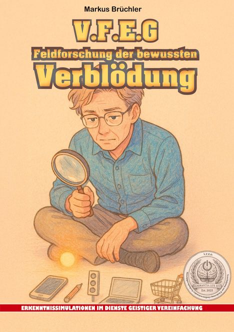Texts: "V.F.E.G Feldforschung der bewussten Verblödung" und "Erkenntnissimulationen im Dienste geistiger Vereinfachung." Illustration eines Mannes mit Lupe.