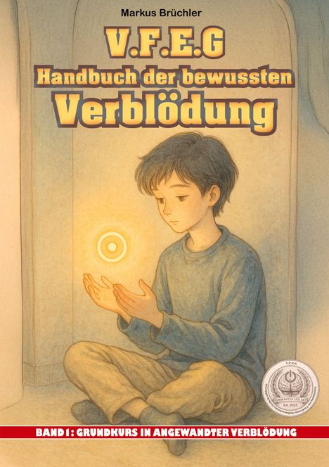 "V.F.E.G Handbuch der bewussten Verblödung. Band 1: Grundkurs in angewandter Verblödung." Junge sitzt leuchtend da.