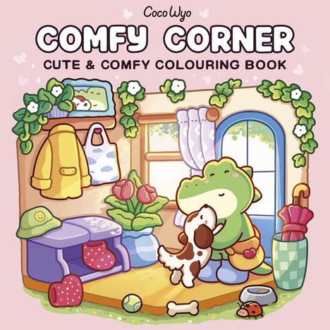"Comfy Corner: Cute & Comfy Colouring Book." Illustration mit Dinosaurier, Hund, Pflanzen, Jacke und Regenschirm.