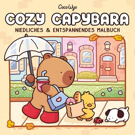 "Cozy Capybara: Niedliches & Entspannendes Malbuch." Illustration eines Bären mit Regenschirm und weiteren Tieren.