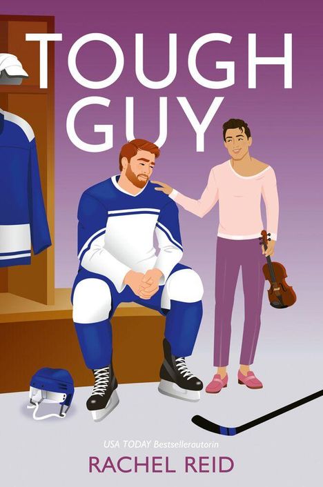 "Tough Guy" und "Rachel Reid" sind groß geschrieben. Ein Eishockeyspieler sitzt, daneben eine Person mit Geige.