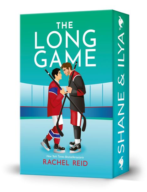Text: "THE LONG GAME" oben, "Rachel Reid" unten. Zwei Eishockeyspieler stehen einander gegenüber in einer Arena.