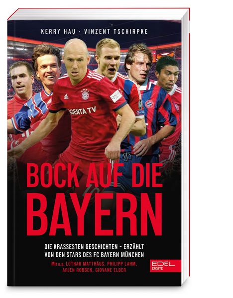 Titel: "Bock auf die Bayern". Rote Buchillustration mit Fußballspielern in Bayern-Trikots.