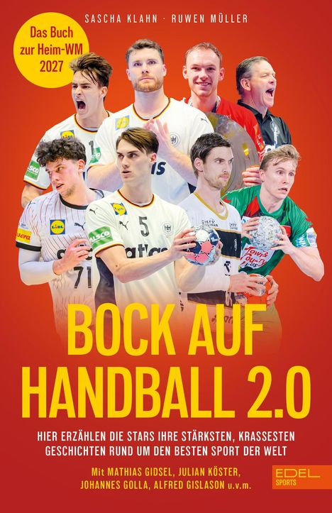 Text: „Das Buch zur Heim-WM 2027. Bock auf Handball 2.0“. Spieler und Trainer vor rotem Hintergrund mit Handbällen.